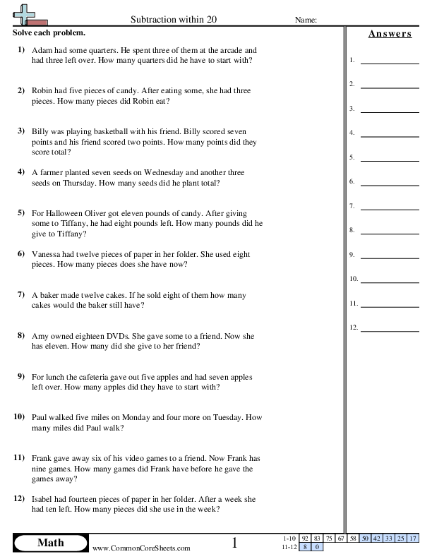 Word Subtraction Within 20 worksheet